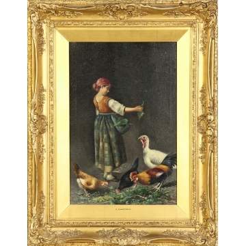 Eugenio Zampighi (Italian, 1859-1944) "Young Girl Feeding Chickens and Turkey"