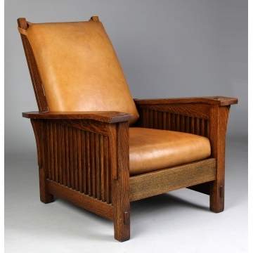 Gustav Stickley Oak Drop Arm, Spindle Morris Chair