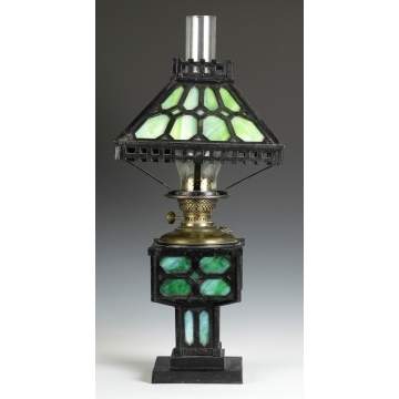Cast Iron & Slag Glass Arts & Crafts Table Oil Lamp