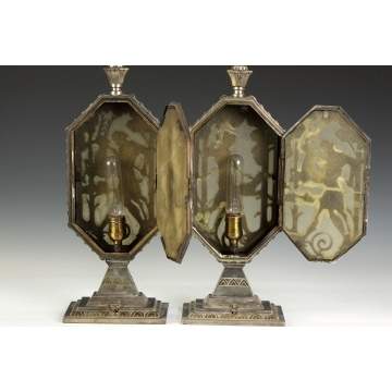 Pair of Oscar Bach Silver Patinated Bronze & Frosted Glass Art Deco Lamps
