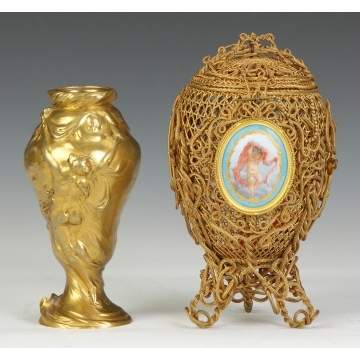 Gilded Bronze Vase & Wire Covered Basket