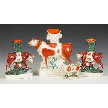 Staffordshire Spill Vases & Cow Creamer