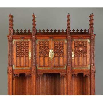 Rare American Gothic Carved Oak Side Cabinet, NY