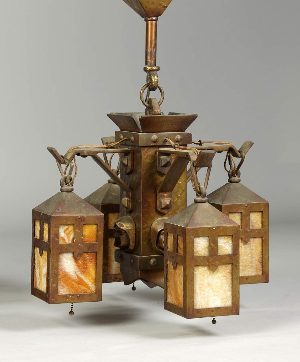 Arts & Crafts Hammered Metal 4 Light Hanging Fixture Cottone Auctions