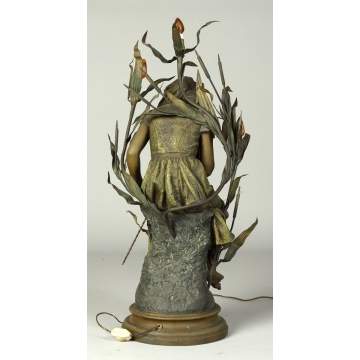 Ernest Justin Ferrand (French, 1846-1932) Patinated Metal Victorian Girl Newell Post Lamp