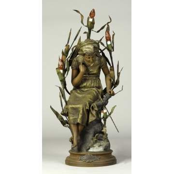 Ernest Justin Ferrand (French, 1846-1932) Patinated Metal Victorian Girl Newell Post Lamp