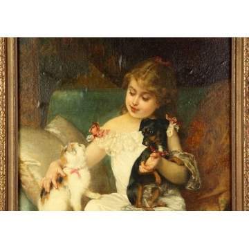 Emile Munier (French, 1840-1895) Girl w/kitten and puppy