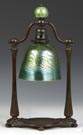Tiffany Studios Lamp with Green Damascene Glass Shade and Finial