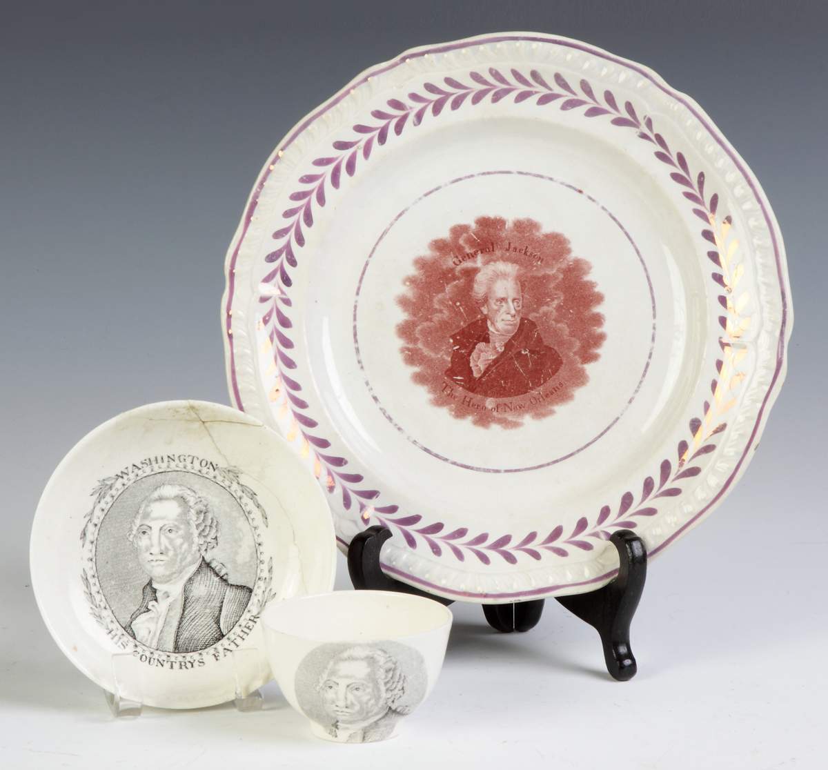 Washington Transferware Cup, Saucer & General Jackson Plate