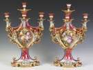 Pair of French Hand Painted Porcelain 5-Arm Candelabras