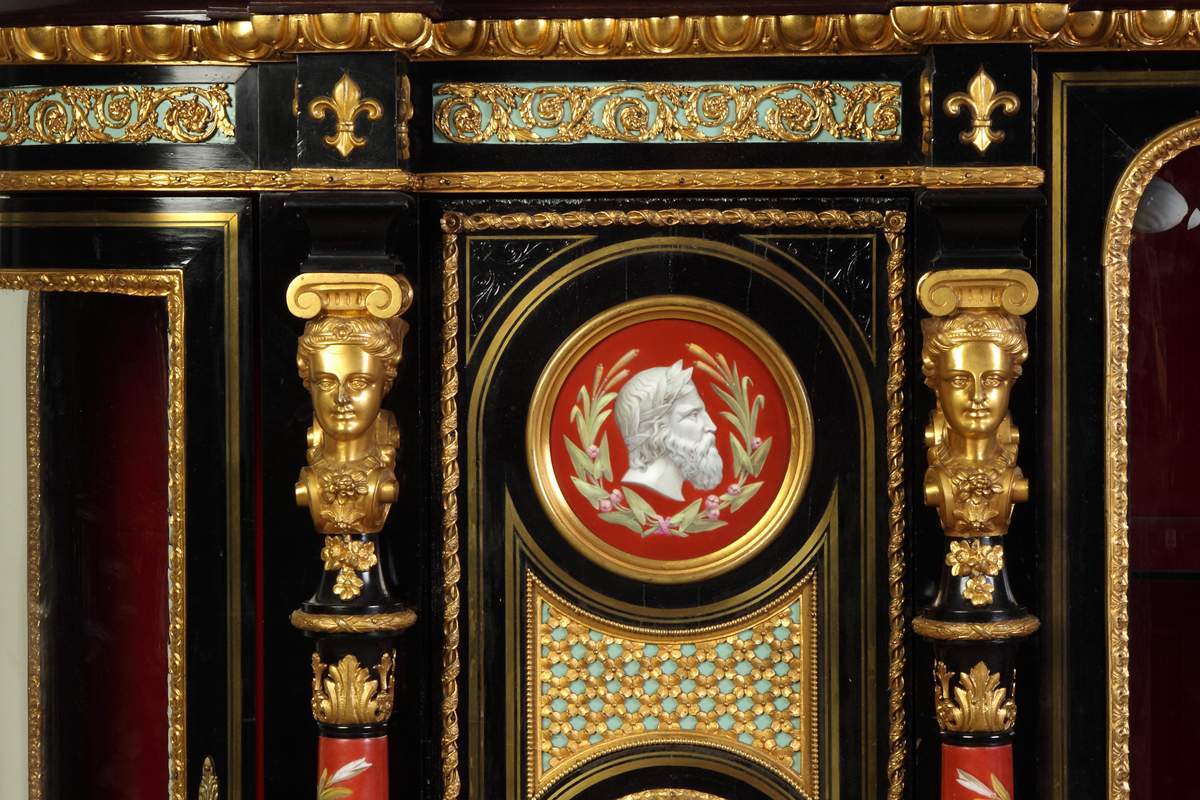 Fine Monumental Napoleon III Ebonized & Inlaid Porcelain Cabinet ...