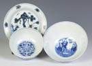 Two Signed Chinese Blue & White Porcelain Bowls & One Plate