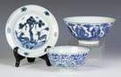 Two Signed Chinese Blue & White Porcelain Bowls & One Plate