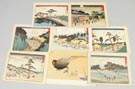 Four Chinese Silk Needlwork Panels together w/ 8 Japanese Woodblock Prints