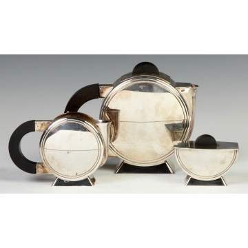 Christolfe Art Deco 3-Pc. Silver Plate Tea Set w/Ebony Handles