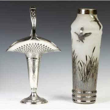 Gorham Sterling Silver Basket & Sterling Overlay Frosted Glass Vase 