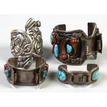 Three Silver & Turquoise Watch Cuffs tog. w/one Silver Cuff