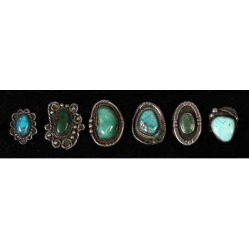 Group of 6 Silver & Turquoise Southwest Rings
