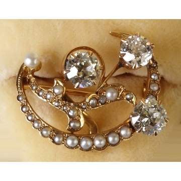 Vintage 14k Gold, Diamond & Pearl Crescent Shape Brooch
