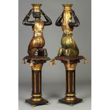 Two Carved, Gilded & Painted Blackamoors on Stand