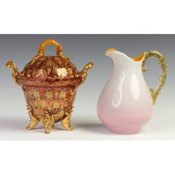 Enameled Compote & Art Glass Pitcher