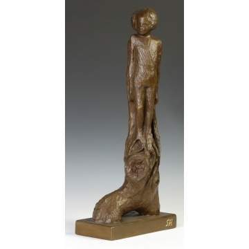 Modern Bronze Sculpture of Two Girls w/Tree Form Base