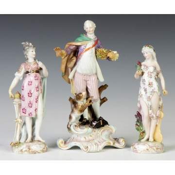 Two German Hand Painted Porcelain Figures together w/Meissen Figure