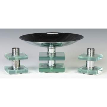 Modern Chrome & Plate Glass Candlesticks & Compote