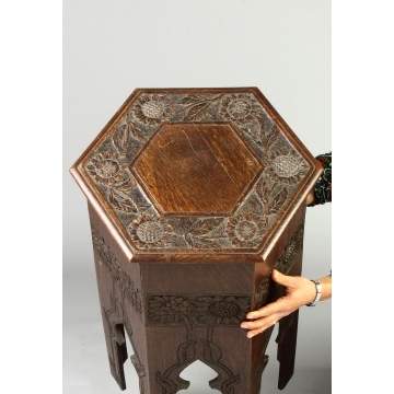 Carved Oak Arts & Crafts Stand with Stylized Sunflowers