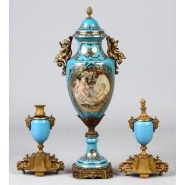 Sevres Style Urns w/Candleholders & Covered Urn