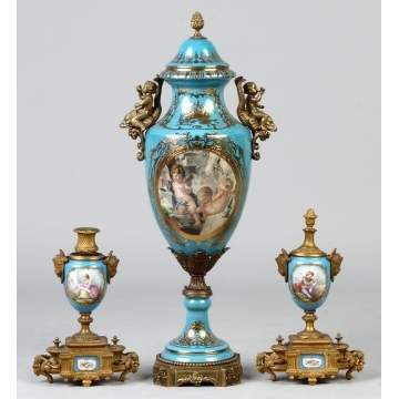 Sevres Style Urns w/Candleholders & Covered Urn