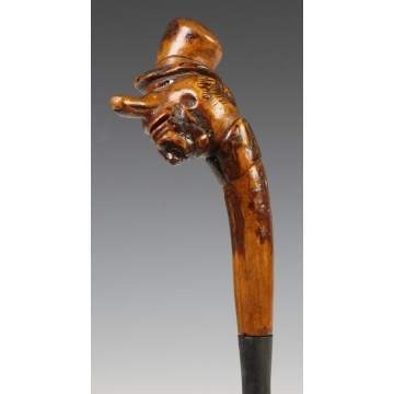 Carved Cane w/Carved Face, Long Nose & Top Hat