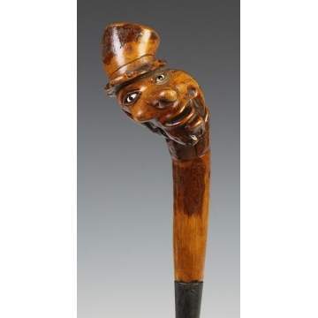 Carved Cane w/Carved Face, Long Nose & Top Hat