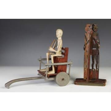 Carved & Painted Seated Skeleton in Cart tog. w/Carved & Painted Halloween Style Figures