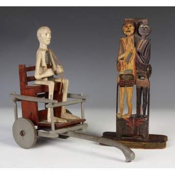 Carved & Painted Seated Skeleton in Cart tog. w/Carved & Painted Halloween Style Figures