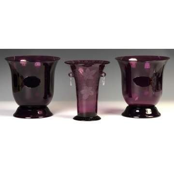 Pair of Amethyst Vases tog. w/Engraved Amethyst Vase w/Handles