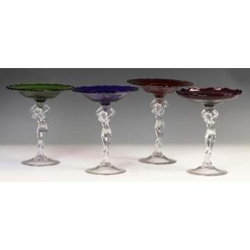 Group of 4 Similar Cambridge Colored Compotes w/Nude Stems