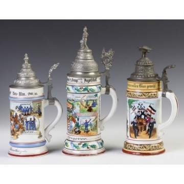 Three German Porcelain Regimental Lithophane Steins