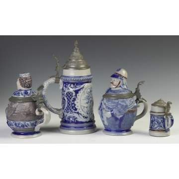 Four German Salt Glazed, Cobalt Blue Decorated Steins