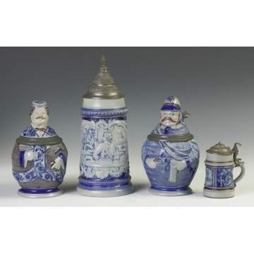 Four German Salt Glazed, Cobalt Blue Decorated Steins