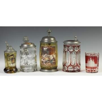 Five German/Bohemian Cut Glass, Engraved & Painted Steins & Mug