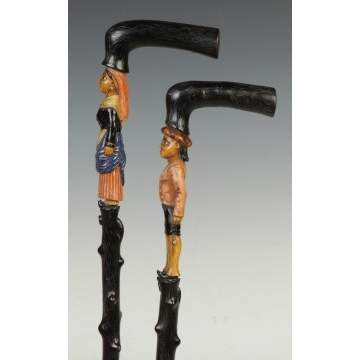 Two Carved, Painted & Ebonized Figural Briar Wood Canes