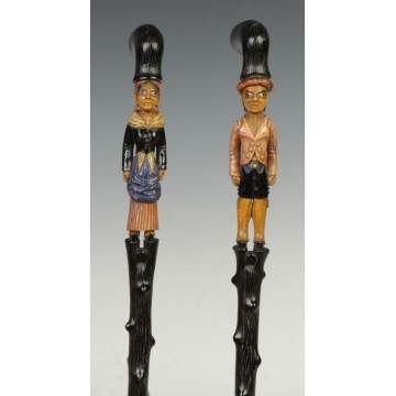 Two Carved, Painted & Ebonized Figural Briar Wood Canes