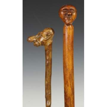 Two Folk Art Canes w/Carved Heads