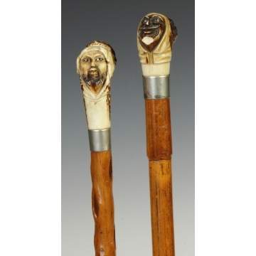 Two Wood & Carved Horn Canes