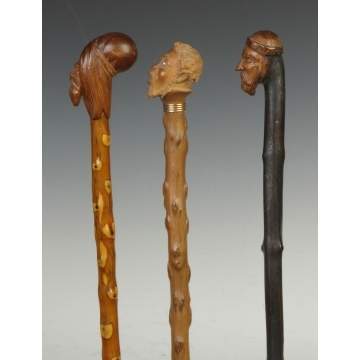 Three Carved Wood Canes w/Faces