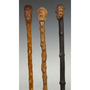 Three Carved Wood Canes w/Faces