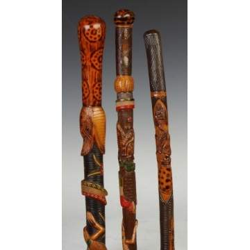 Three Mexican Carved Wood Canes 