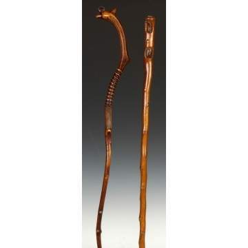 Two Carved Wood Snake Canes