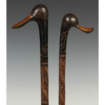 Two Carved Wood Canes w/Duck Handles